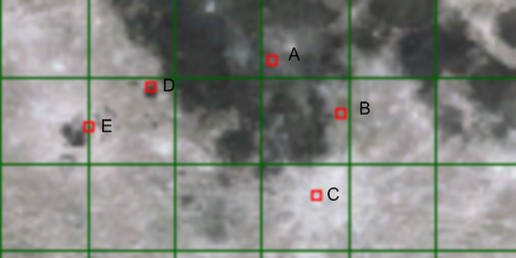 Five locations on the Lunar surface considered by NASA as the location for permanent or semi-permanent moonbases during the period 1961-1972